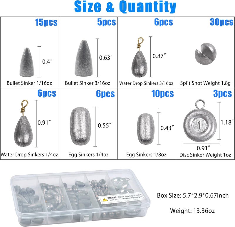 JOGFFDE Fishing Weight Sinkers Kit, 81pcs Assorted Drop Bass Sinkers Split Shot Sinkers Coin Weights Saltwater Casting Fishing Sinkers Set with Tackle Box - Image 4